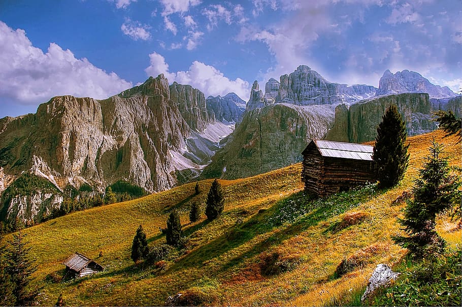 brown, wooden, house, mountains, dolomites, italy, south tyrol, alpine, val gardena, trentino