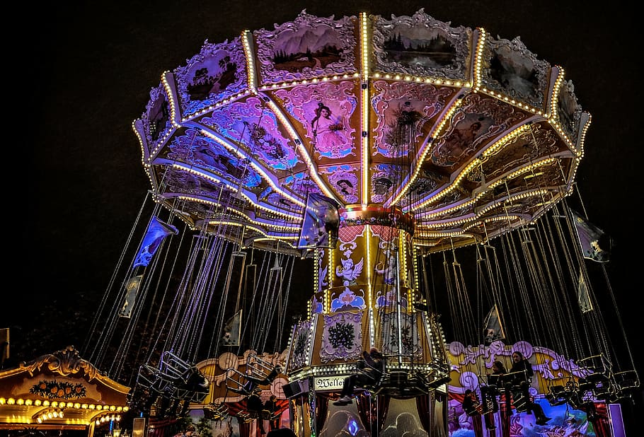 swing carnival, ride, lights turned-on, year market, carousel, night, carnies, fair, folk festival, colorful