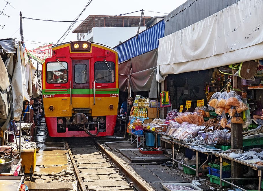 bangkok, market, thailand, food, transport, train, railway, rail transportation, transportation, railroad track