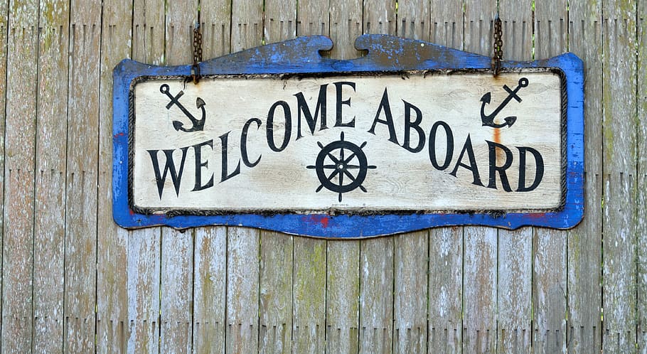 bienvenido, a bordo, decoración de la pared, bienvenido a bordo, letrero, saludo, vintage, grunge, etiqueta, sucio