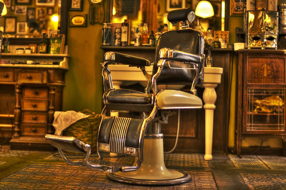 blanco, negro, silla de barbero de cuero, verde, tapete, peluquero, silla, salón, peluquería, tienda