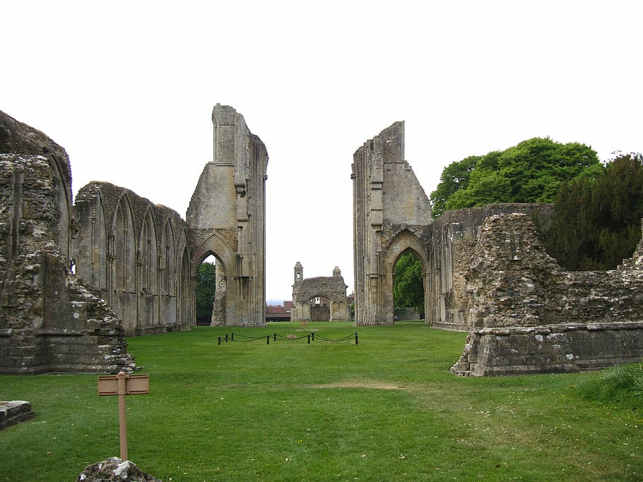 Foto del paisaje, ruinas, Inglaterra, Gran Bretaña, Abadía de Glastonbury, antiguo, histórico, hito, naturaleza, exterior