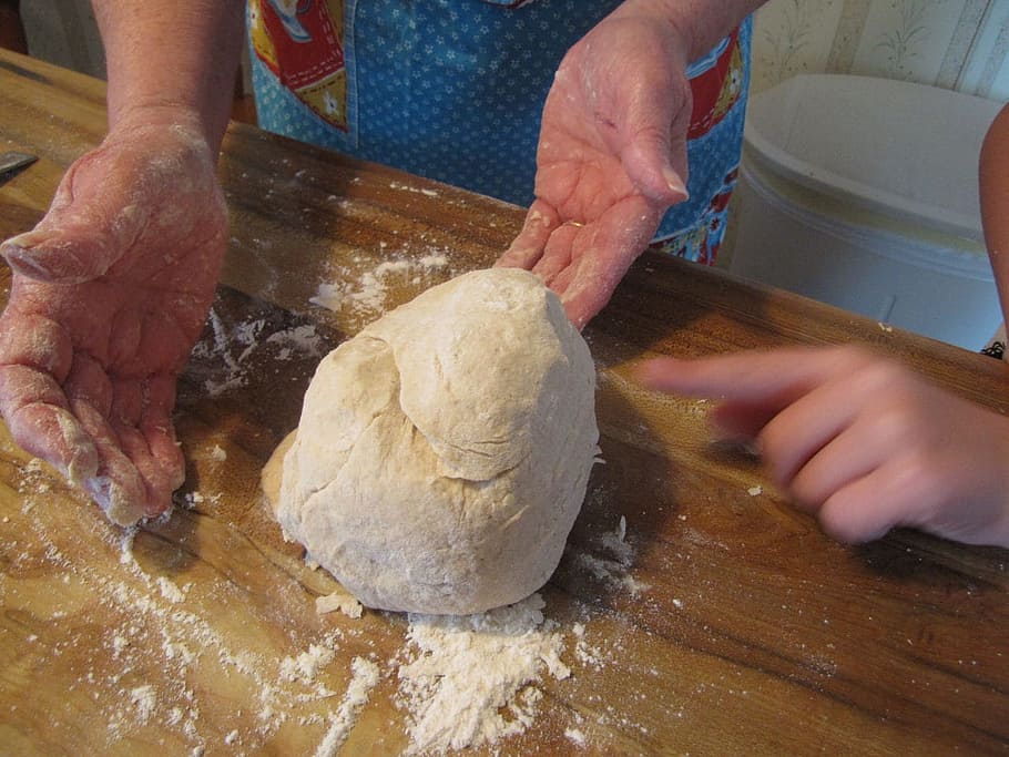 rolled, dough, brown, surface, Cooking, Chef, Teaching, Granny, grandchild, boy