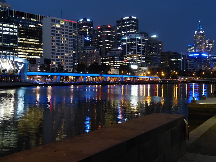 landscape photography, city buildings, night time, city, buildings, melbourne, australia, river, yarra, evening