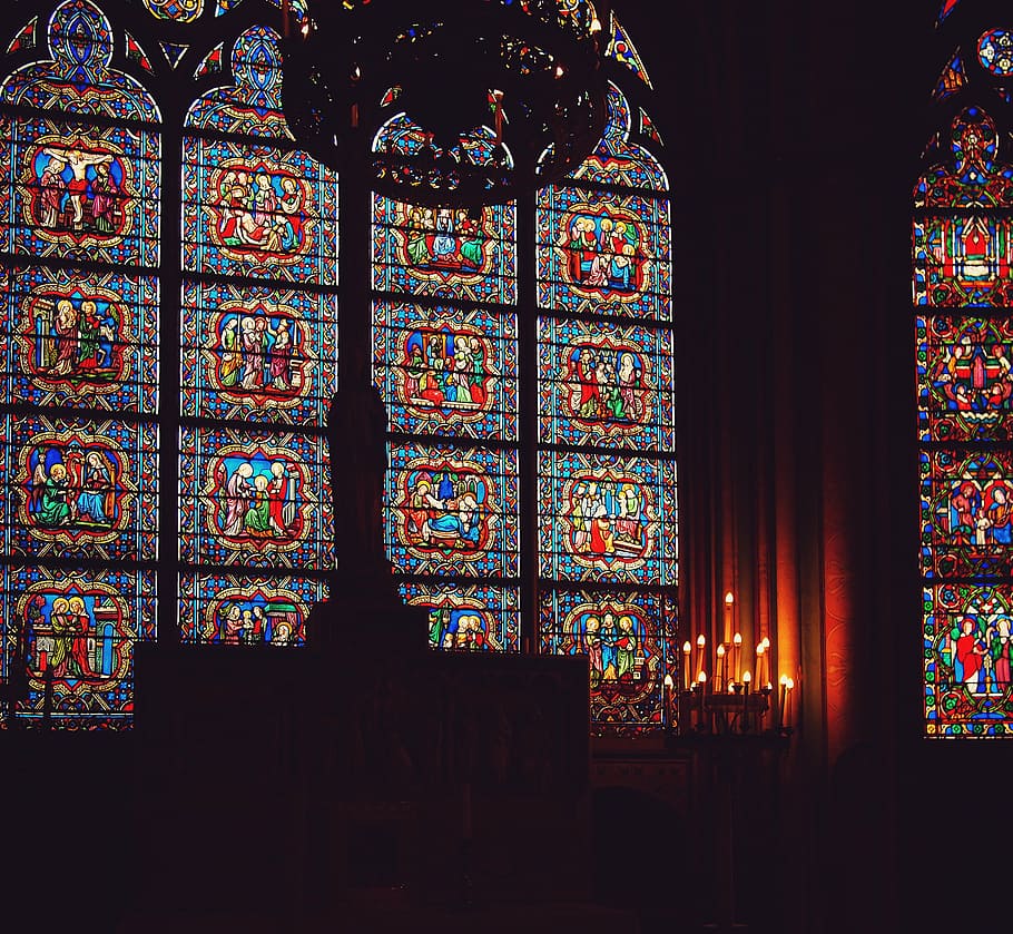 green, red, blue, mosaic glass, multi, color, mosaic, window, panels, Notre Dame Cathedral