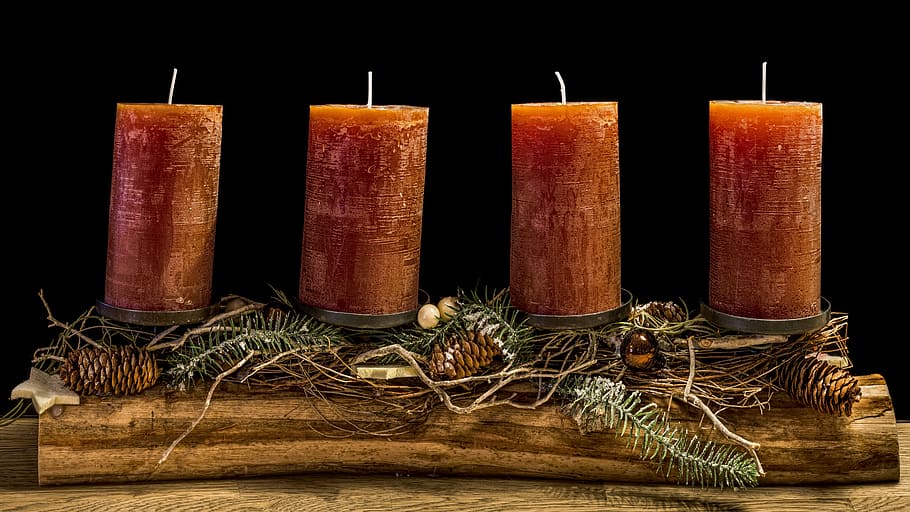 four, brown, pillar candles, wooden, holder, advent wreath, christmas wreath, candles, decoration, christmas
