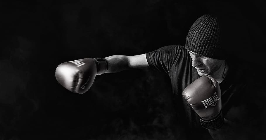 grayscale photo, man, wearing, beanie, everlast boxing gloves, profile, black shirt, shadow boxing, box, sport