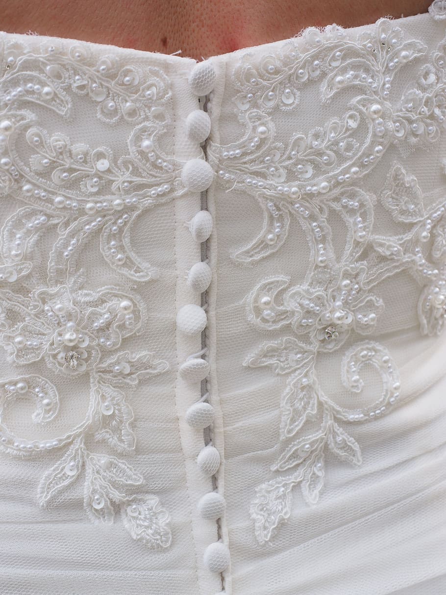 woman, white, dress, wedding dress, corset, buttons, eng, fabric, great, beads