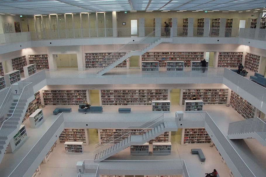 several, people, library, stuttgart, books, architecture, modern, city library, stairs, white