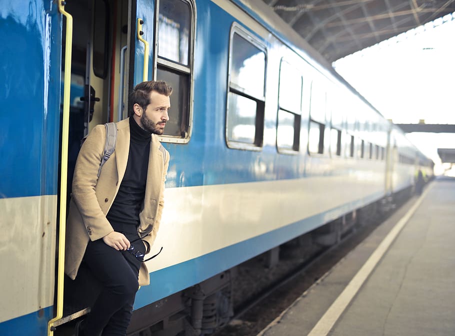 man, exiting, train, transport, platform, station, blue, business, beard, people