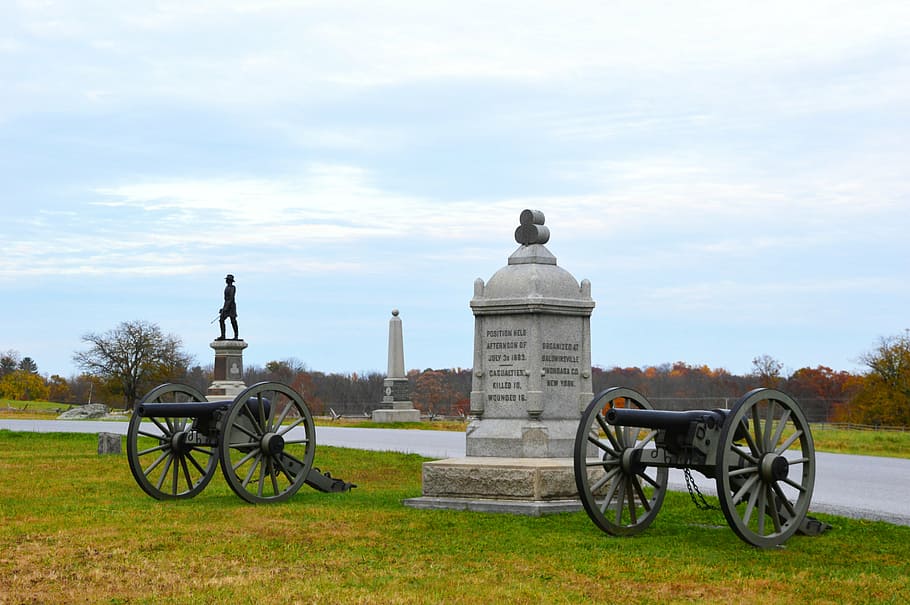 cannon, history, battle, military, gettysburg, statue, monument, famous Place, sky, nature