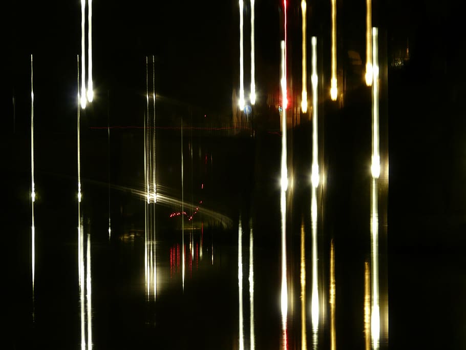 wobbles, double, error, jitter, photographing errors, night photograph, lights, river, reflection, lamps