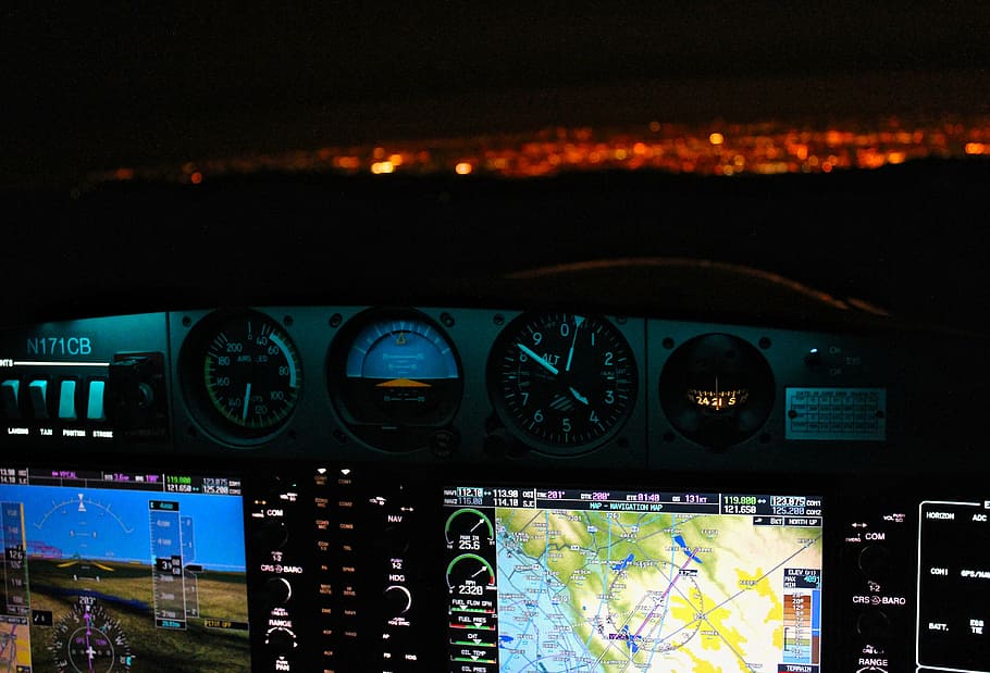 Avión, digital, paneles analógicos, noche, navegación, sistema, convertido, aerolínea, viaje, piloto