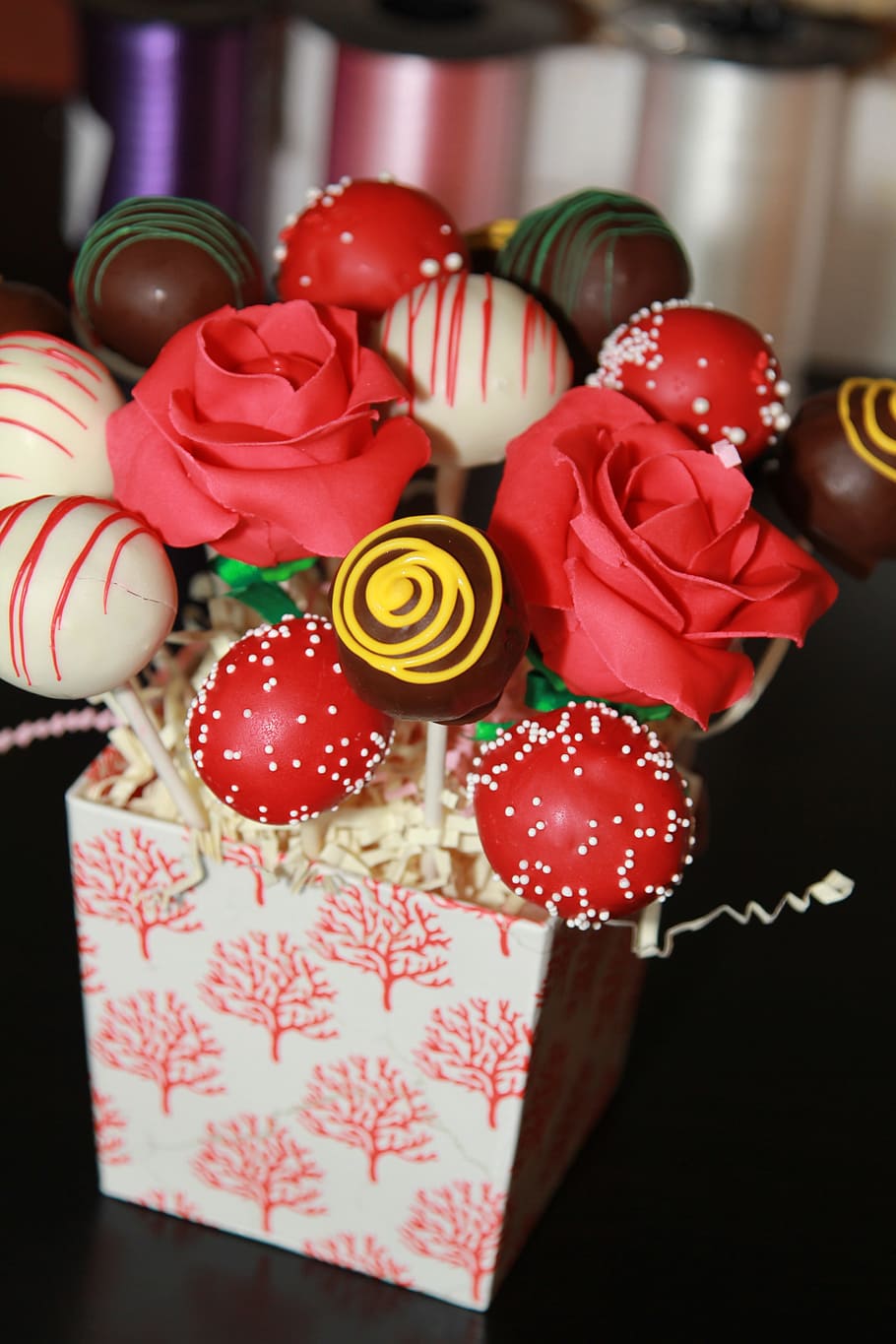 red, artificial, rose, flowers, chocolate, strawberry, vanilla, cake pops, bouquet, gift