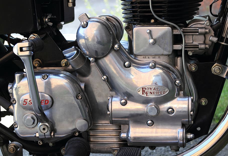 gray, black, motorcycle engine, motor, motorcycle, engine, royal, single, indian, enfield