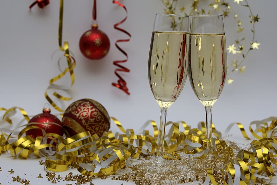 dos, claro, flautas de champán, fin de año, saludos de año nuevo, champán, año nuevo, colindante, bebida, alcohol