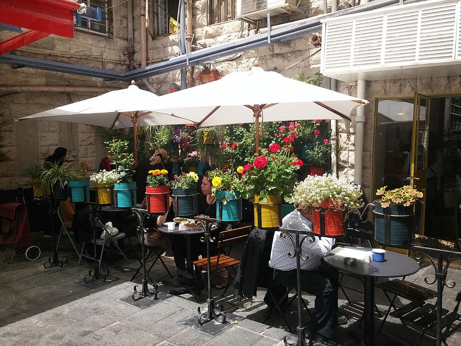 Market, Flowers, Colorful, Cafe, Terrace, decor, street, table, chair, restaurant