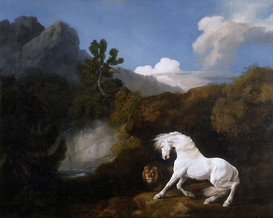 white, horse, male, lion, body, water, george stubbs, landscape, painting, art
