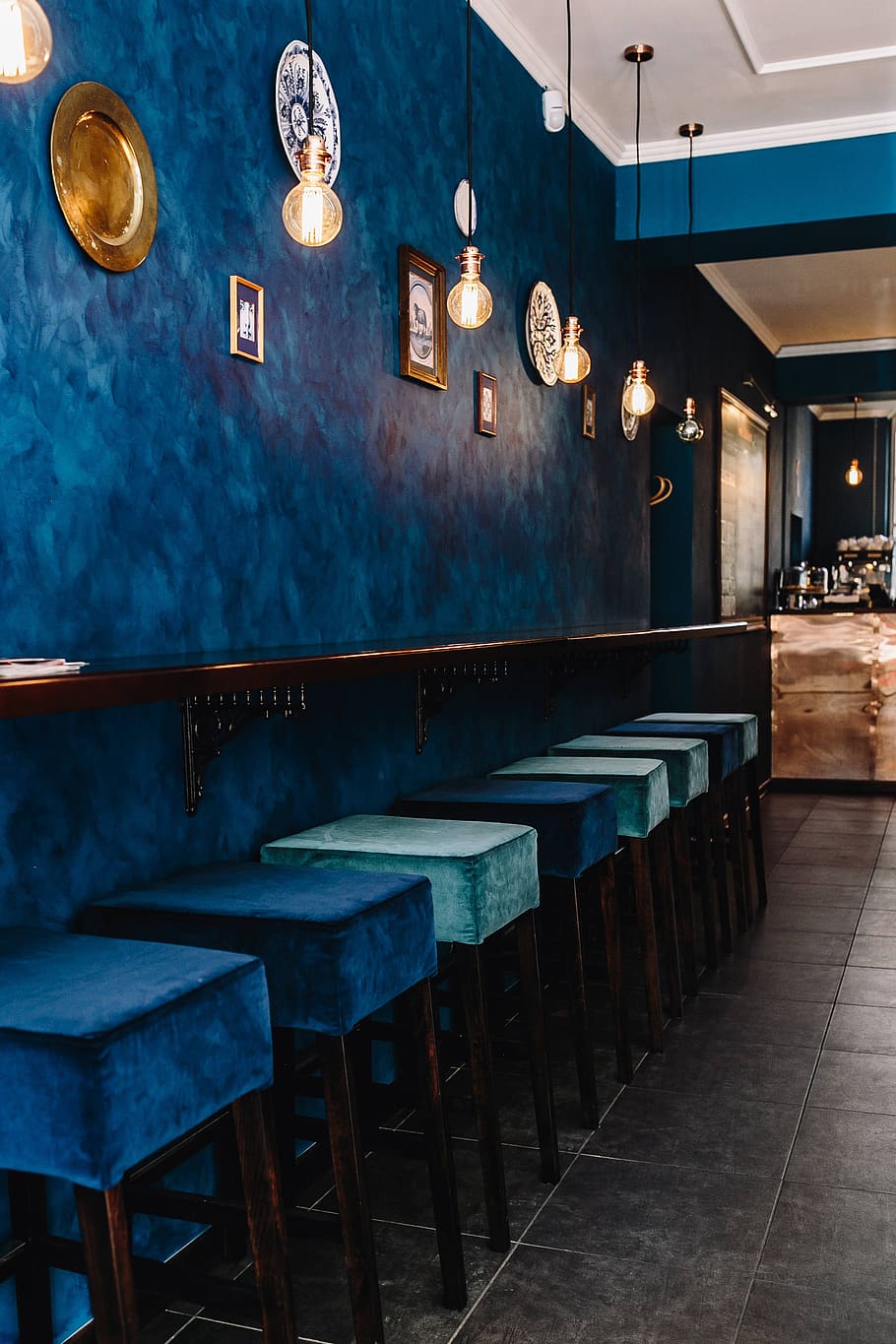furniture, cafe, restaurant, blue, bar, indoor, dark blue, Interior, modern, seat