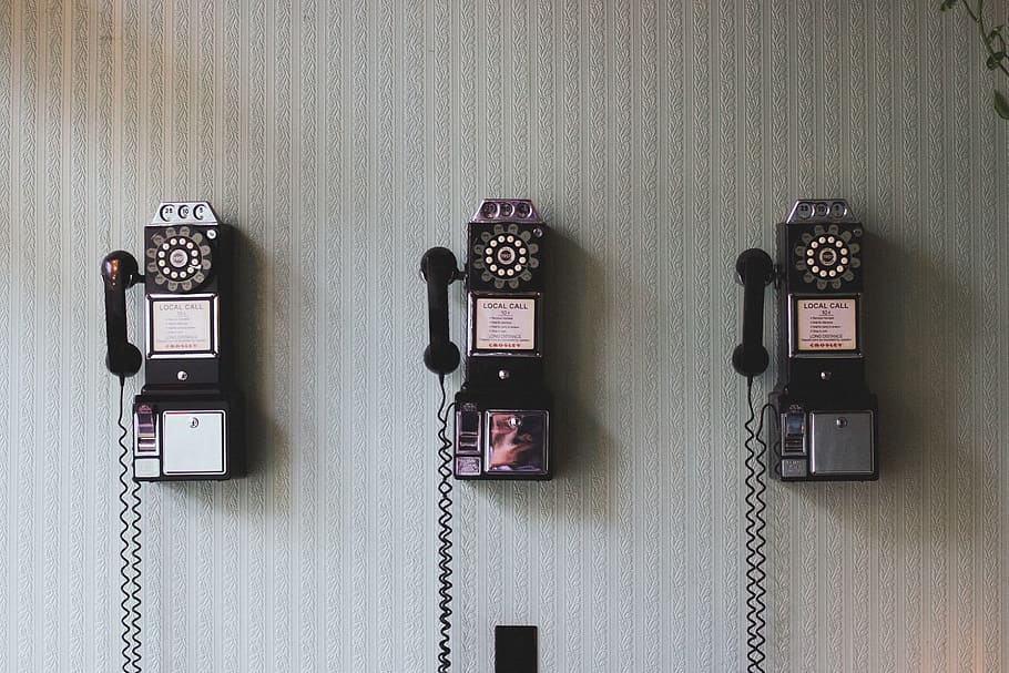 three, rotary, telephones, white, wall, cords, retro, dial, communication, old