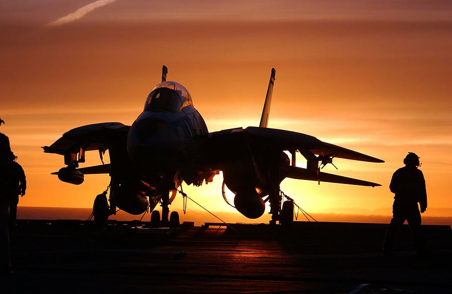 person, taking, white, jet, silhouette, military jet fighter, aircraft carrier, sundown, sailor, airman