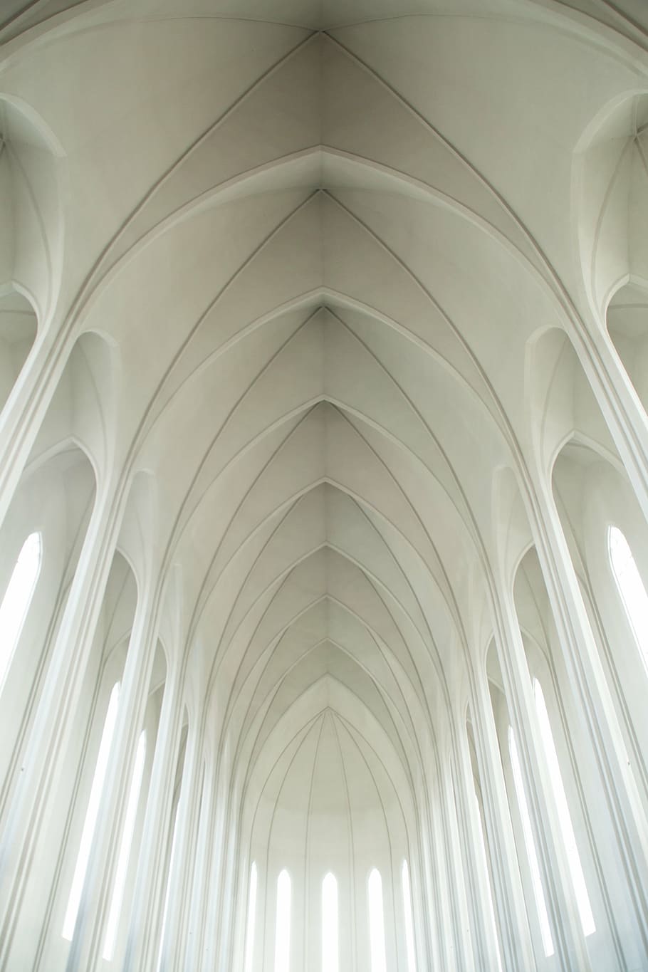 low-angle photography, triangular, building, interior, low, angle, white, cathedral, ceiling, church