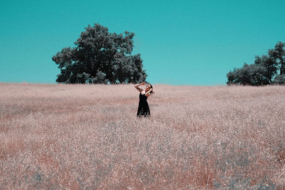 woman, wearing, black, dress, standing, grass field, people, girl, alone, grass