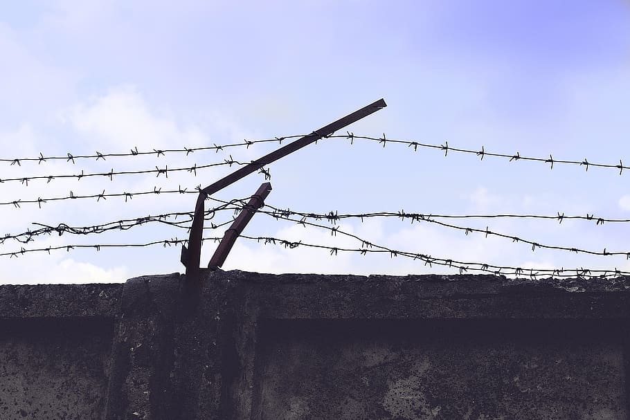 high, angle photography, concrete, wall, barbed, wire, dom, will, prison, fencing
