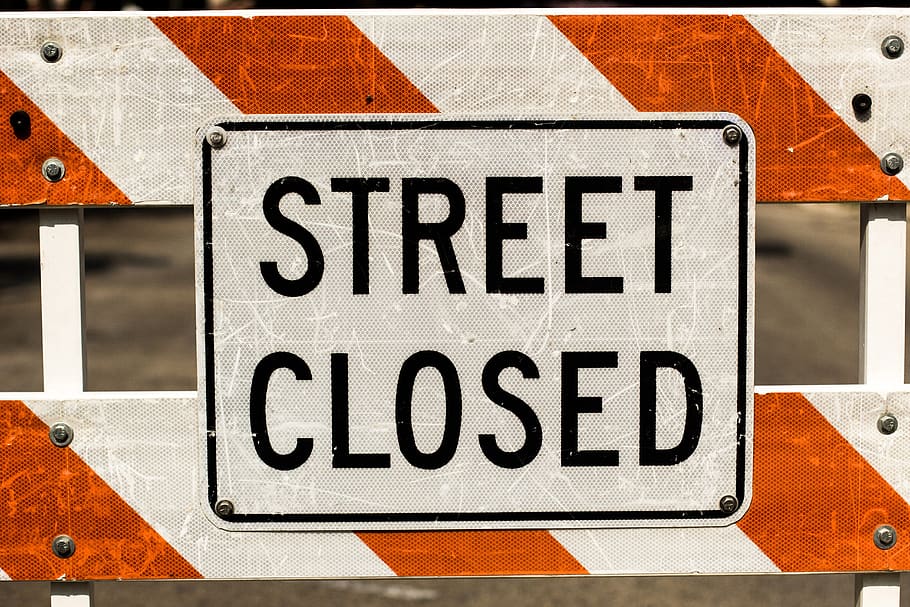 street, closed, construction, sign, communication, text, western script, day, orange color, information