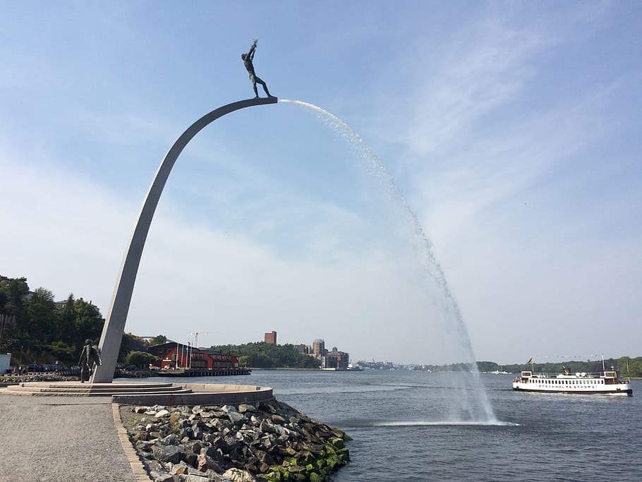 nacka strand, statue, stockholm, summer, boat, water, architecture, sky, motion, built structure