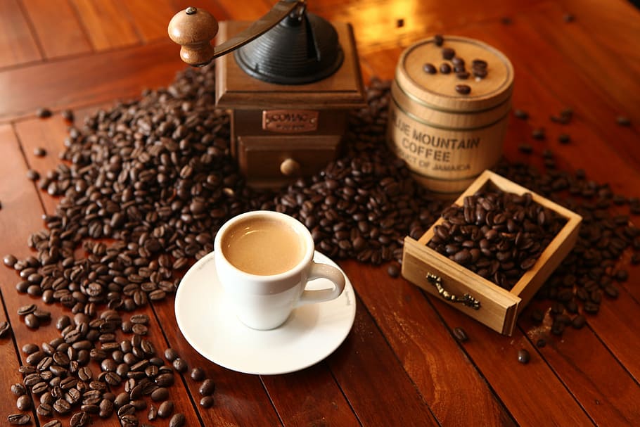 カップ, コーヒー, 横, コーヒー豆, カフェ, 香り, 飲料, 豆, 茶色, コーヒー-ドリンク