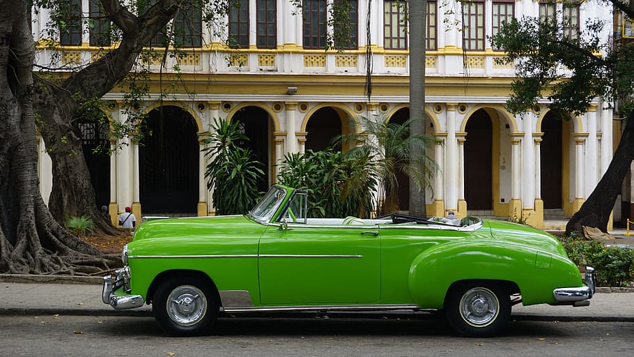 green, convertible, coupe, parked, tree, Cuba, Havana, Vintage, Car, Hotel, vintage