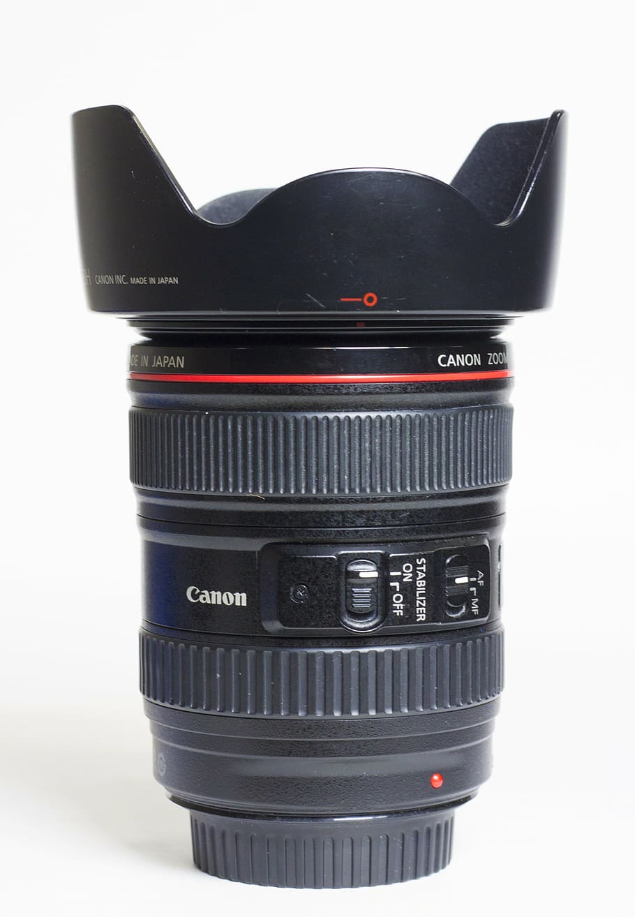 canon, lens, lens hood, lens cap, serie l, 24-105, camera lens, dslr, close-up, photography themes