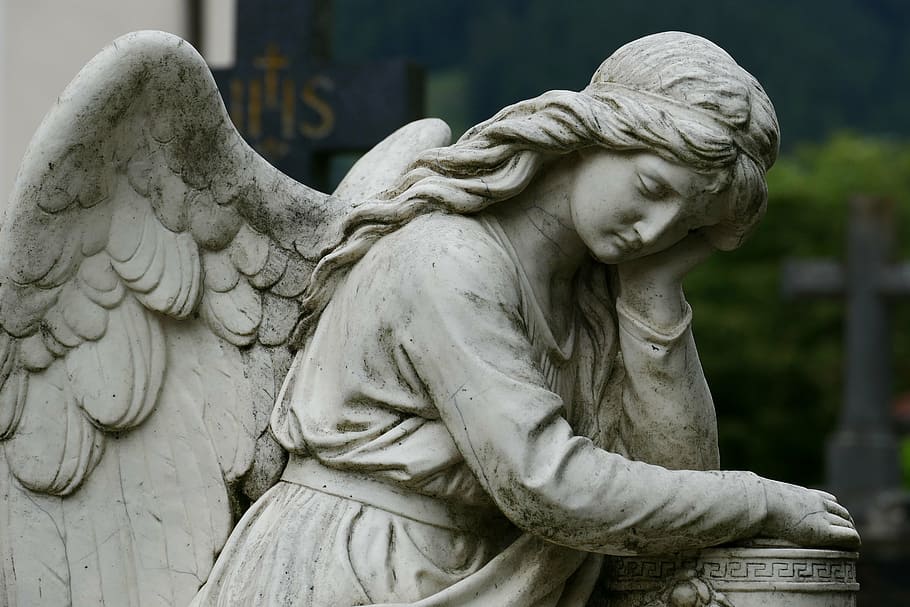female, angel, leaning, column post, cemetery, sculpture, rock carving, art, mourning, sad