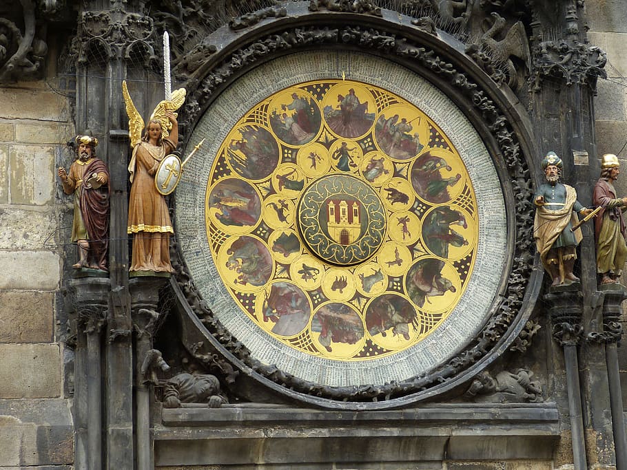 hitam, coklat, malaikat, ksatria, dipasang, dekorasi dinding, Praha, Kota Tua, Kota, Republik Ceko