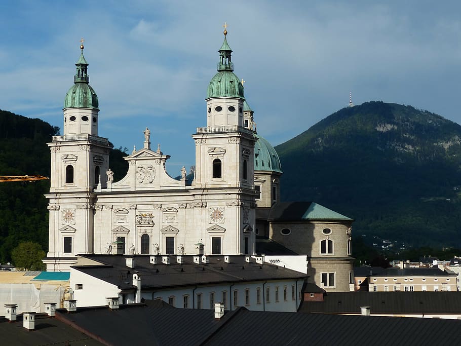 salzburg cathedral, facade, barockklassizirend, west factory, figural decorations, towers, gorgeous, untersberg marble, marble, similar to marble