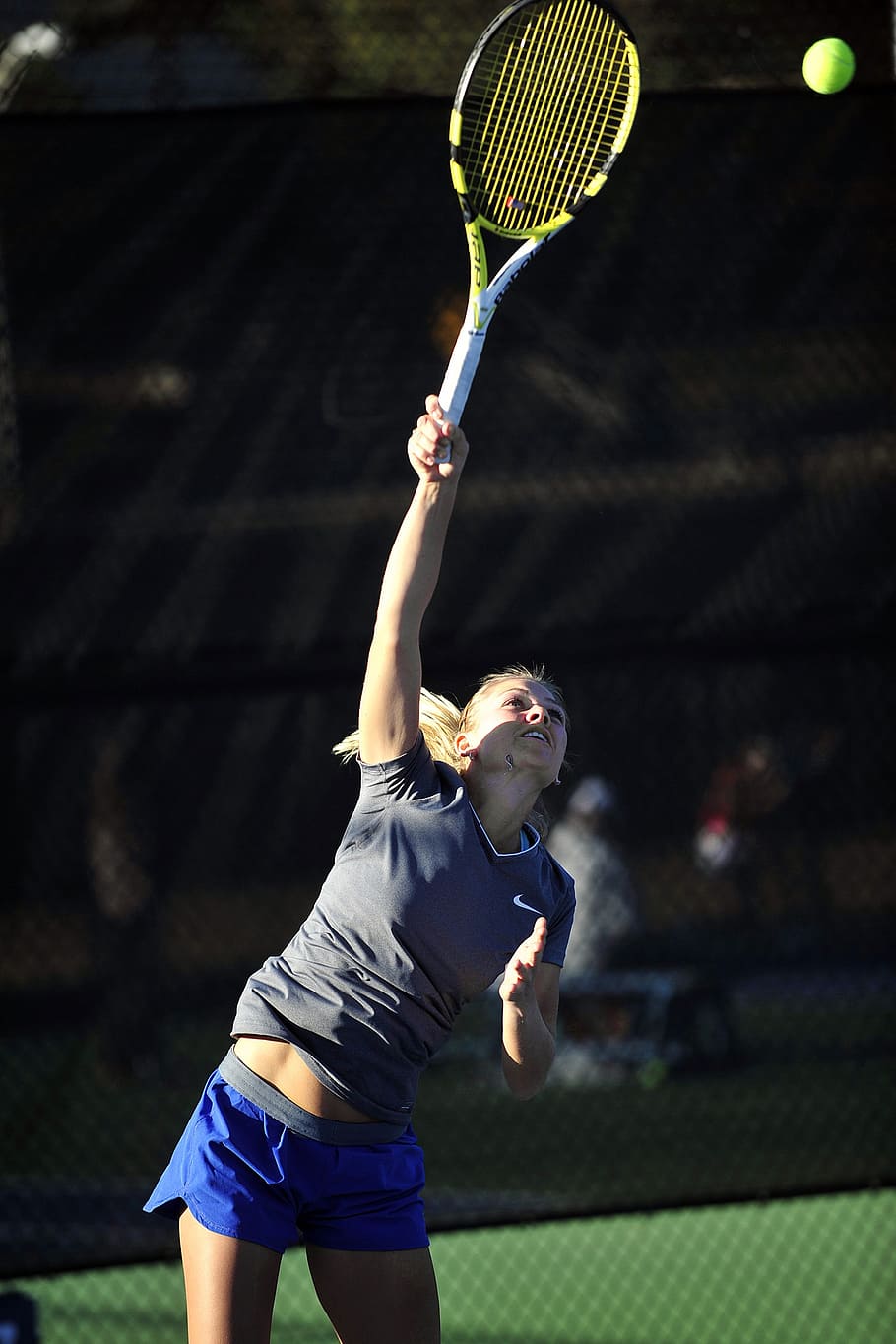 woman, going, hit, tennis ball, mid-air, tennis player, racket, sport, serve, court