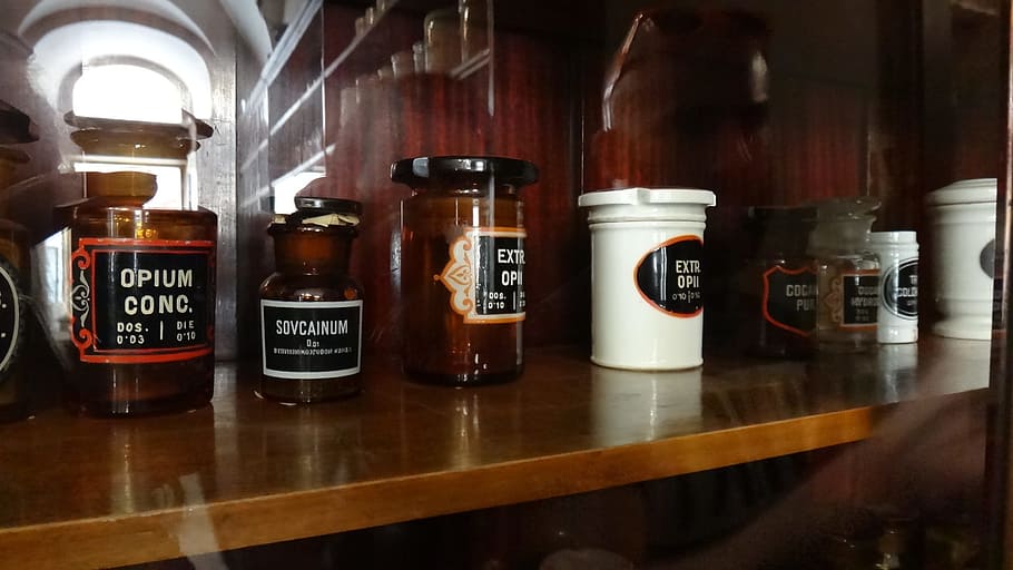 jars, brown, wooden, shelf, opium, medications, pharmacy, medical, the museum, lions
