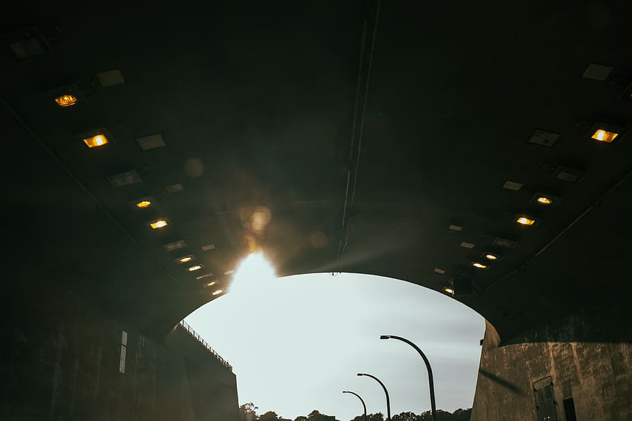 tunnel, road, overpass, lamp posts, lights, architecture, built structure, lighting equipment, illuminated, low angle view