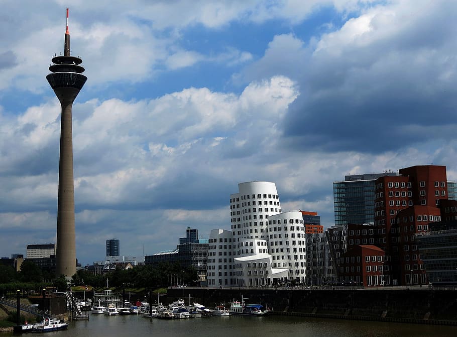 rhine, germany, tower, dusseldorf, architecture, built structure, building exterior, city, water, sky