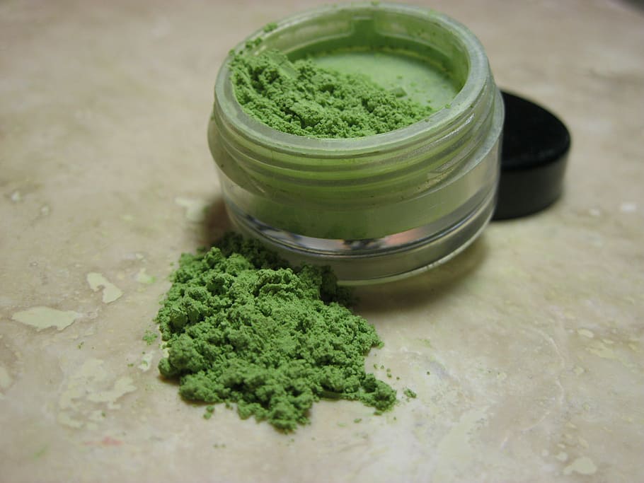 contenedor, lleno, verde, polvo, maquillaje, cosméticos, sombra de ojos, color, verde claro, frasco