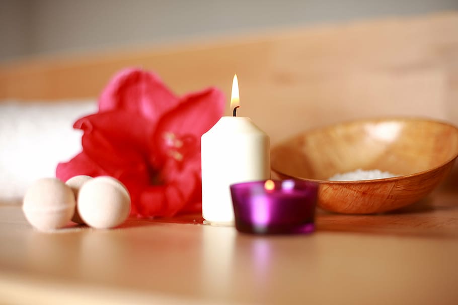 shallow, photography, white, candle, table, flower, sauna, wellness, therapy, wood