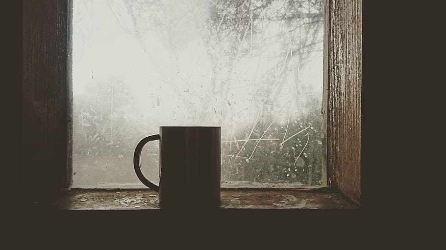 person, taking, white, ceramic, mug, window, coffee, cold, winter, warm