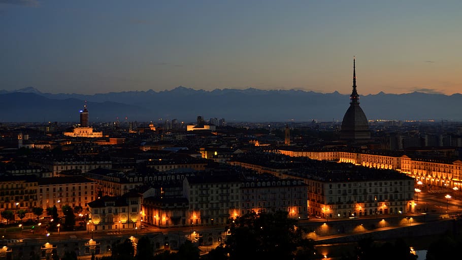 panoramic, big city, travel, sunset, architecture, torino, piemonte, dawn, italy, landscape
