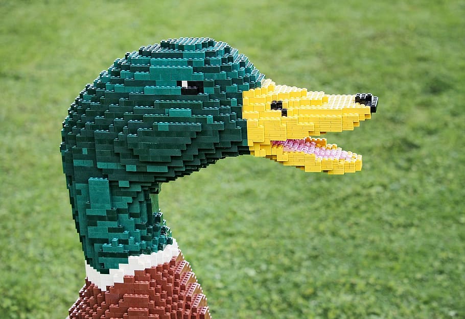 mallard duck, mega, pixel photography, lego, duck, drake, mallard, bird, brick, block