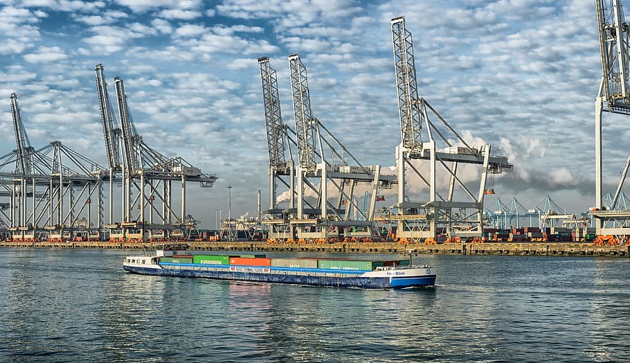 blue, gray, shore, daytime, Ship, Freighter, Cargo, shipping, transport, container