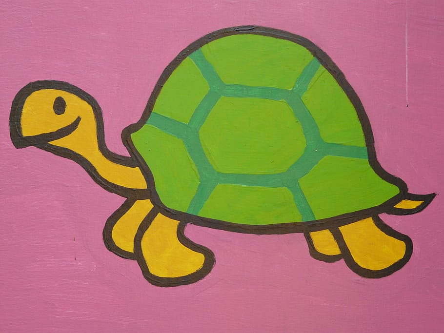 green, yellow, turtle artwork, turtle, cartoon character, drawing, funny, animal, figure, paint