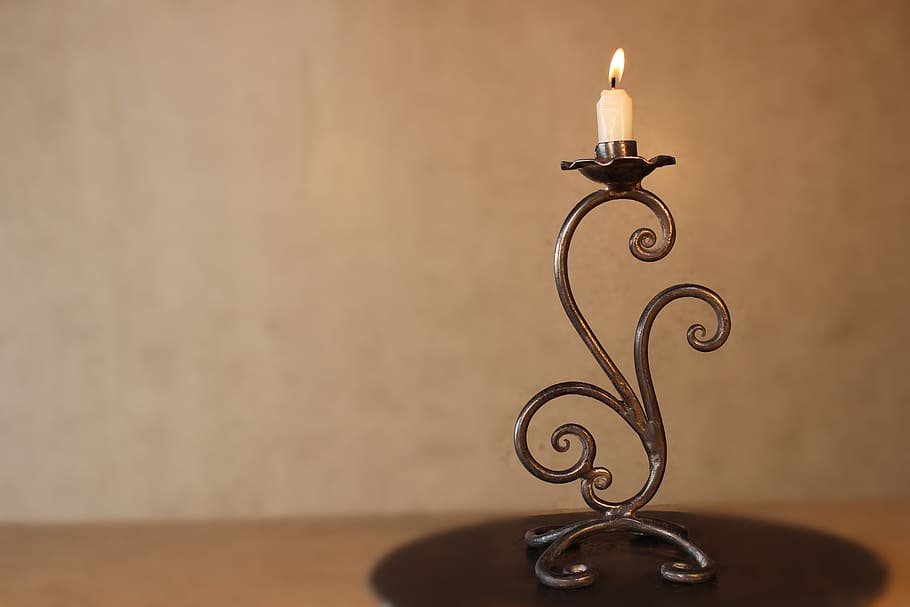 candlestick, steel, iron, pattern, indoors, burning, fire, candle, illuminated, close-up