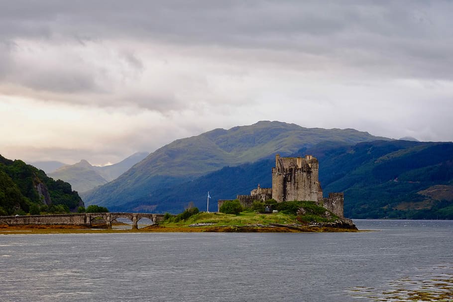 Foto del paisaje, ruinas, isla, agua, montaña, viaje, naturaleza, panorámica, castillo, Escocia