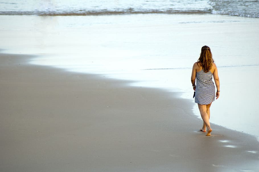 woman, gray, sleeveless dress, walking, white, surface, weekend, beach, walk, ride
